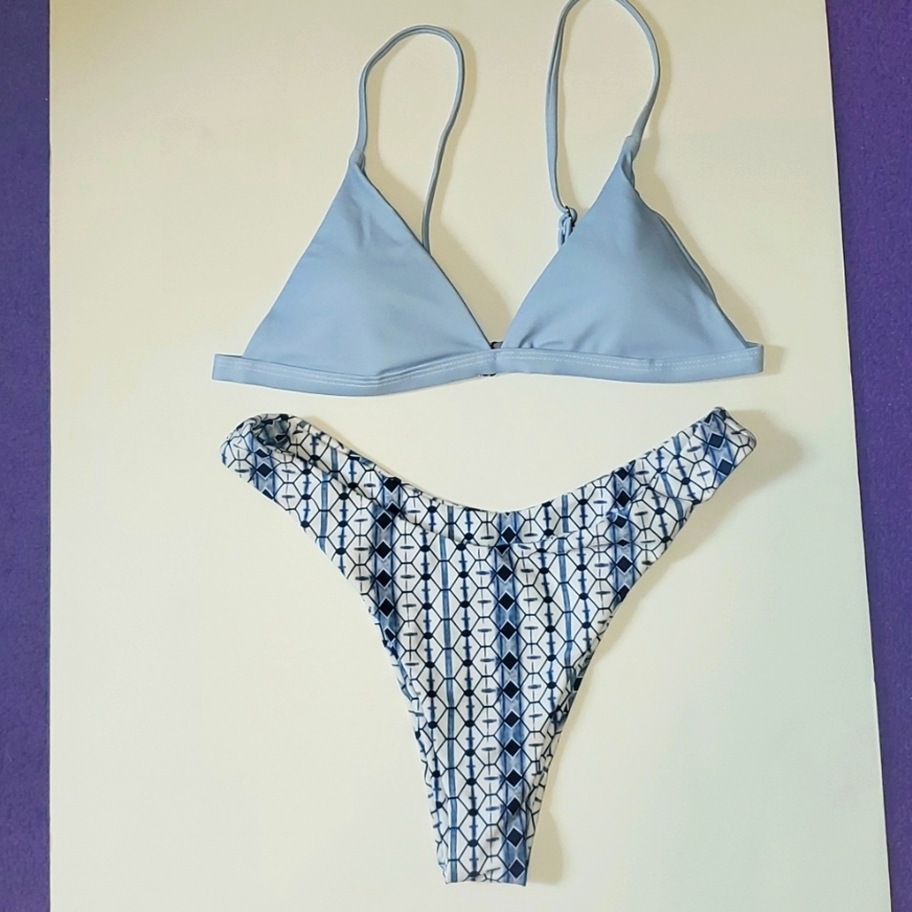 Blue Triangle Top Zaful Bikini Patterned Hi-Cut Cheeky Bottoms Size S/4
